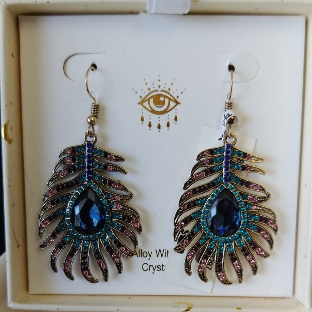 Peacock Faux Feather Earrings with Blue and Pink Crystals